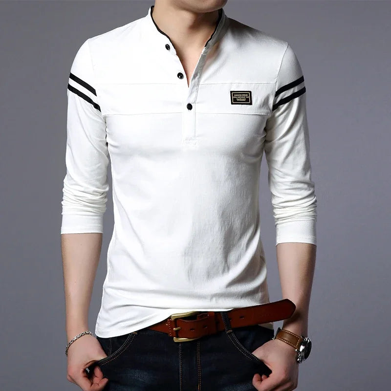 Men's Fashion Long sleeved POLO Shirt Casual Cotton Breathable Top Stand up Collar Korean Comfortable T-shirt Top
