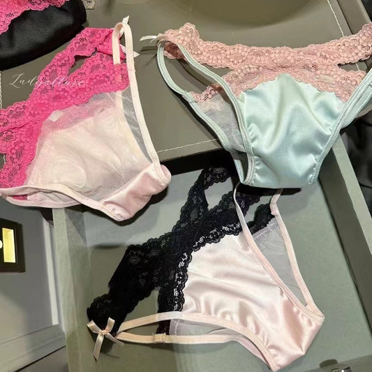 Women's Silk Mesh Stitching Cross Hollow Lace Underwear