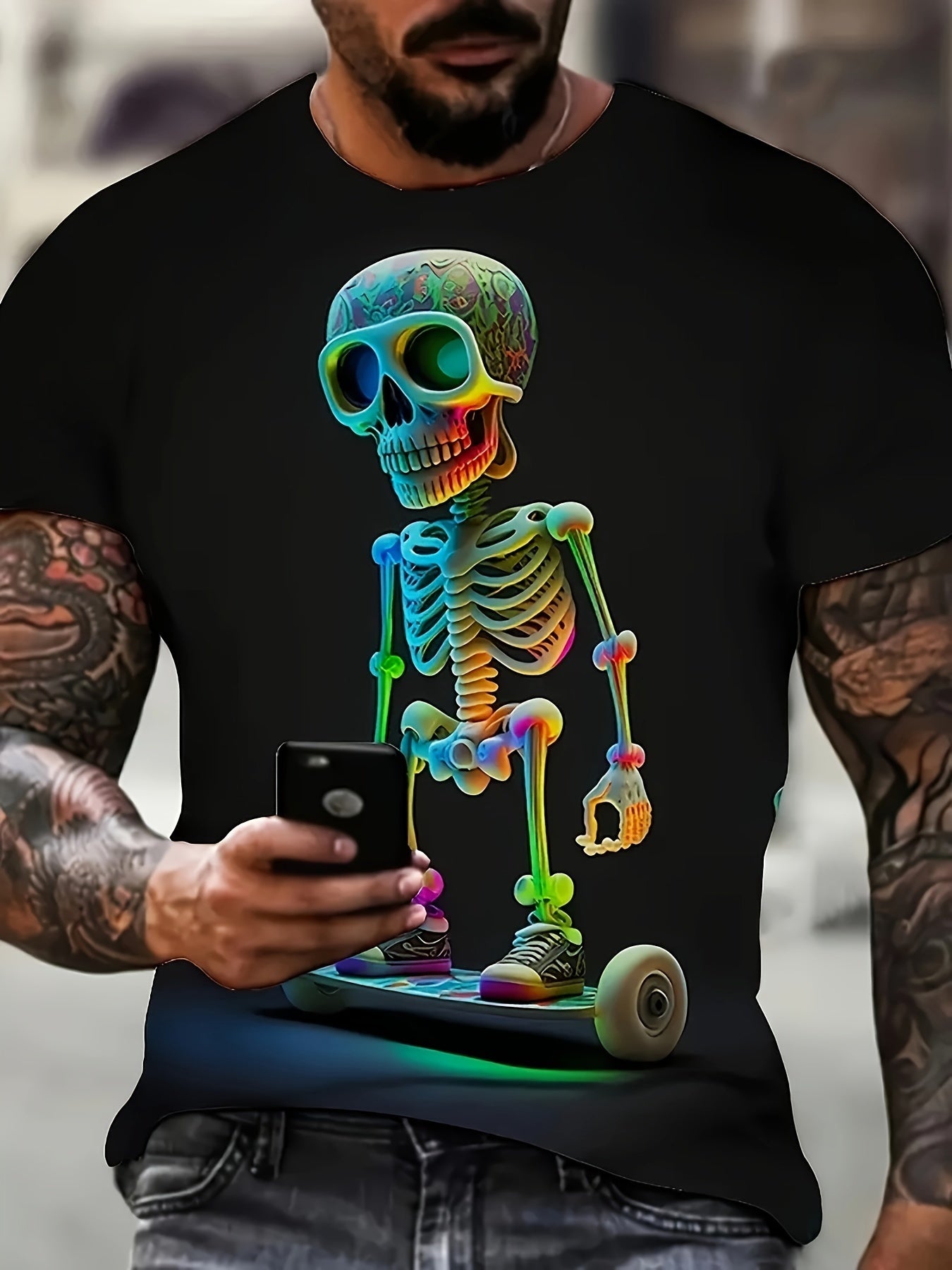 Men's Skull Print T-shirt, Casual Short Sleeved Round Neck T-shirt, Outdoor Men's Clothing