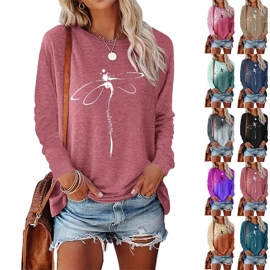 Dragonfly Pattern Round Neck Long Sleeve Women's T-shirt Tops