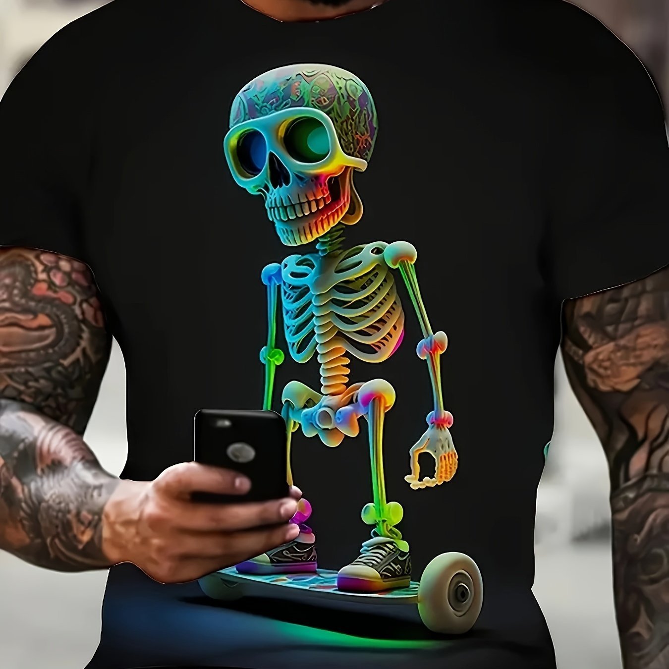 Men's Skull Print T-shirt, Casual Short Sleeved Round Neck T-shirt, Outdoor Men's Clothing